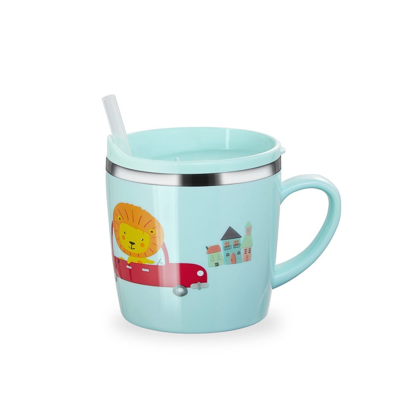 Valueder Kids Baby Toddler Cups Mug Sippy Learning Trainer Cup for Milk Coffee Hot Chocolate Stainless Steel Trainer Straw Cup with Lid, Lion, 7oz/Peacock blue - Image 1